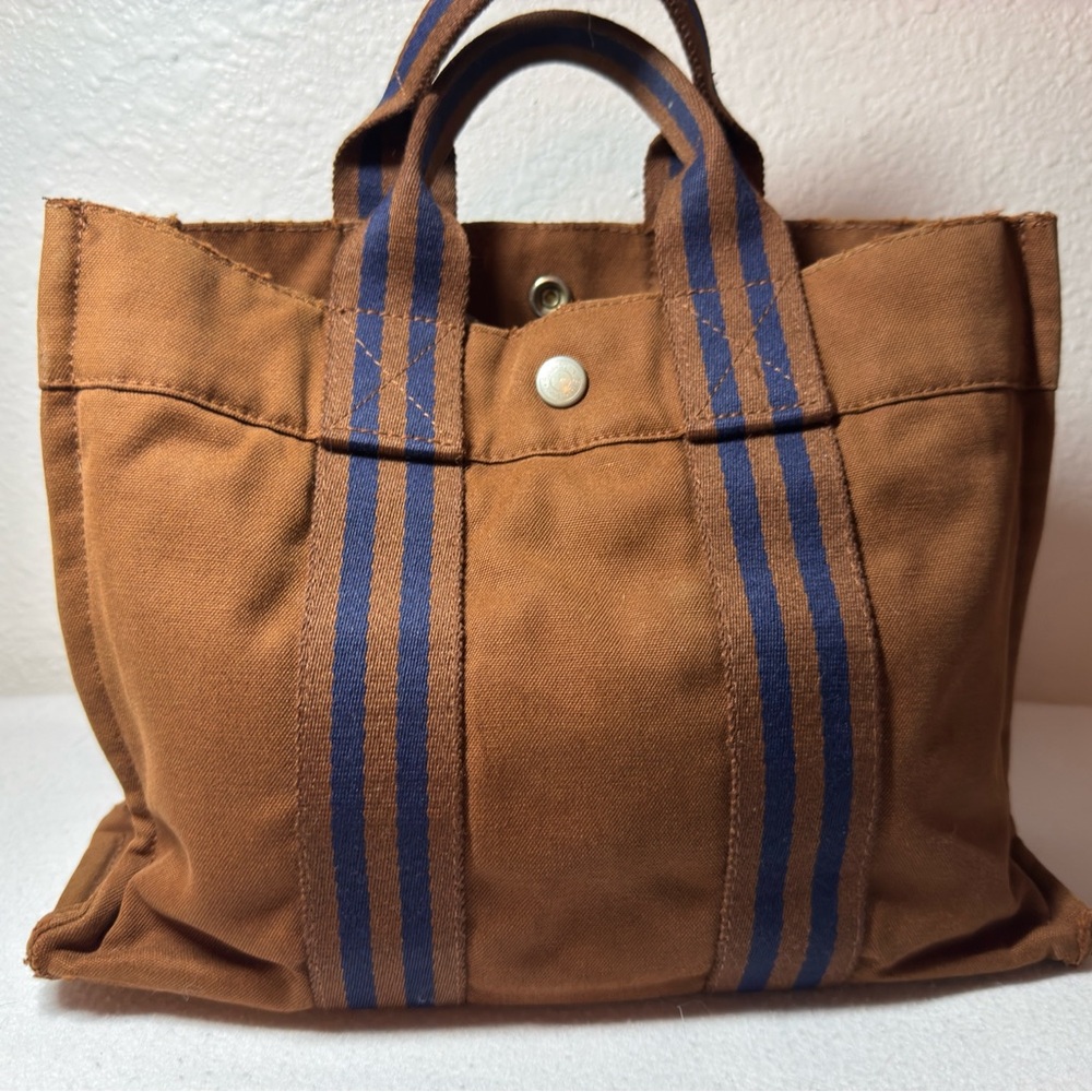 Hermes Brown Tote Bag with Blue Stripes